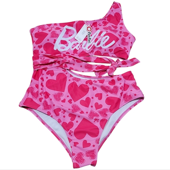 Barbie Heart Print Pink Women's One-Piece Swimsuit - Picture 3 of 4